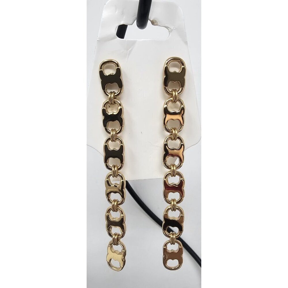 Tory Burch Drop Earrings Gold Tone Logo Gemini Chain Link Dangle Women’s 3"